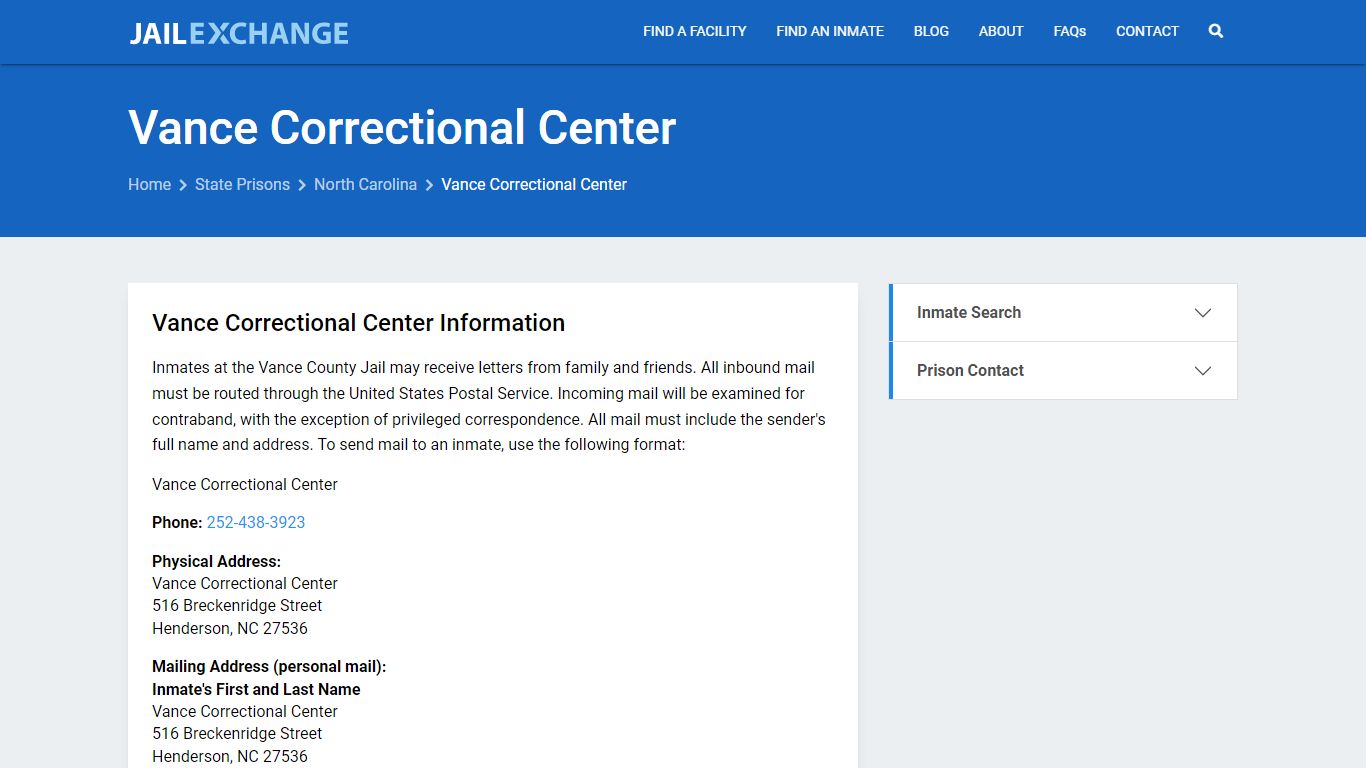 Vance Correctional Center Inmate Search, NC - Jail Exchange